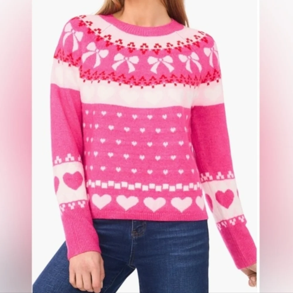 CeCe Heart Bow Fair Isle Sweater - Picture 1 of 7